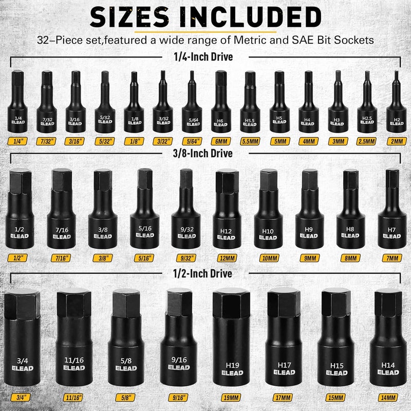ELEAD Hex Bit Impact Socket Set: 36-Piece with 4 Adapters, 1/4", 3/8", 1/2"Drive Master Allen Socket Set, Cr-V Steel, SAE and Metric, H5-H19 & 3/4"-5/64", Reinforced Storage Case, Automotive Mechanic - Image 2